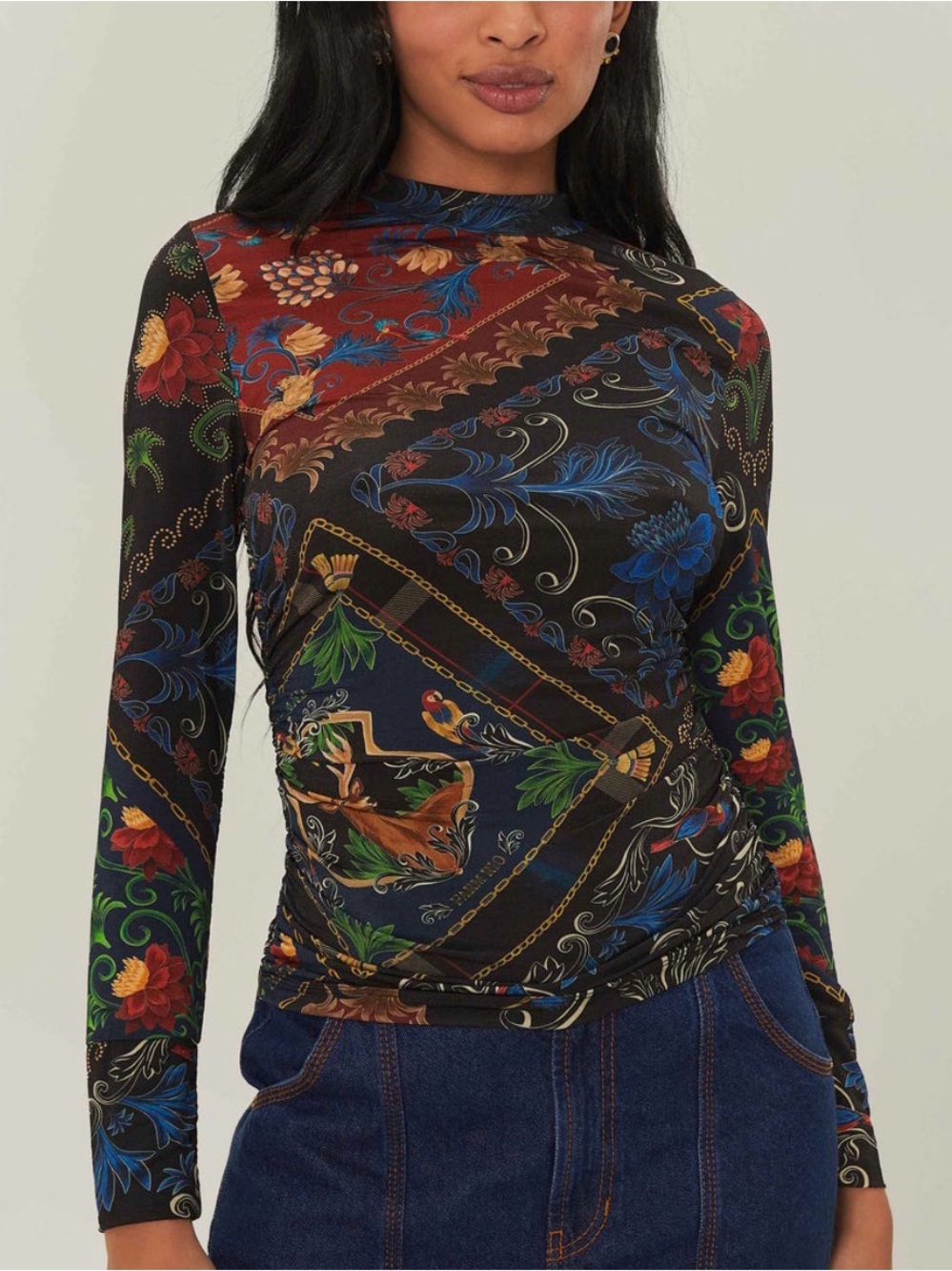 FARM Rio Floral Mock Neck Mesh Blouse Medium Boho Tropical Arabesque Scarves